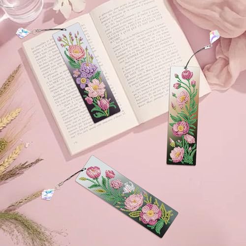 Tontut 3pcs Diamond Art Painting Kit Bookmarks, Pink Flower Exquisite Universal DIY Bookmarks, Lightweight and Durable, Suitable for Reading Lovers - color: Flower