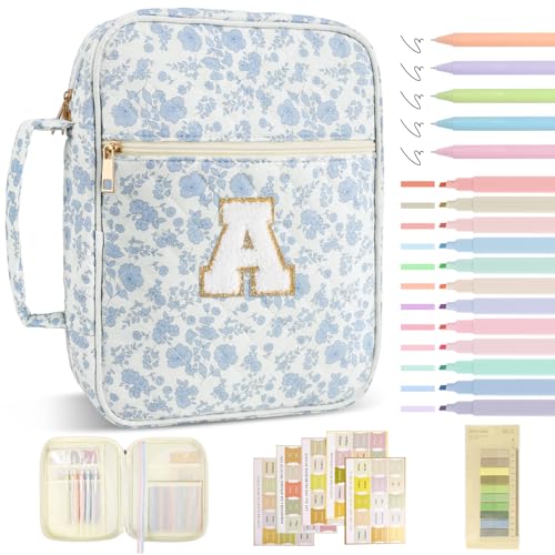Personalized Initial Bible Cover Case for Women Girls Kid - Large Quilted Bible Case with Handle,Chenille Letter Bag Study Supplies,Christmas Gifts for Christians Birthday Graduation(Blue Flower-A) - color: Blue Flower, size: letter-A