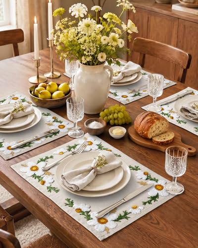 Embroidered Placemats Set of 6-13"x 18" 6PCS Embroidered Rustic Washable Fabric Place Mats Farmhouse Boho Dining Table Mats Dinner Placemats, Daisy - color: Daisy