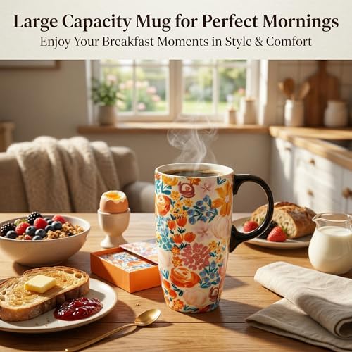 Topadorn 17oz Ceramic Travel Mug with Lid, Colorful Floral Coffee Mug - color: Spring at Garden