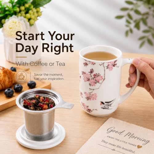 AmorArc Tea Cup With Infuser and Lid, 18oz Loose Leaf Tea Mug With Steeper - color: Peach Blossom