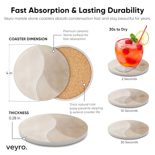 VEYRO Ceramic Coasters Set of 6 – Absorbent Stone Drink Coasters with Holder, Non-Slip Cork Backing, Modern Marble Look Coasters for Coffee Table, Desk & Home Decor - color: Clay 1, size: Set of 6