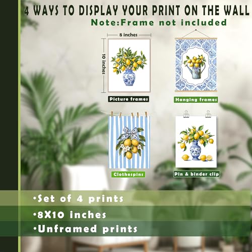 LUKIPOM Chinoiserie Lemon Wall Art Posters Set of 4, Grandmillennial Home Decor, Blue and White Floral Porcelain Lemon Tree Canvas Prints Artwork for Kitchen Wall Decor, 10x8 Unframed - color: Color 003