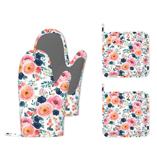 Pink Flowers Heat-Resistant Silicone Oven Mitts and Pot Holders,Long Oven Gloves with Non-Slip Grip for Cooking, Baking, Grilling,BBQ - color: Pink Flowers