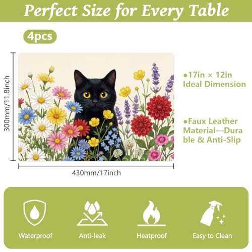 Peacoblue Placemats Set of 4,Faux Leather Cat in the Flowers Design - style: Cat in the Flowers