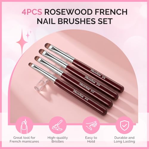 MelodySusie 4Pcs French Manicure with Rosewood Handles Nail Brush Set - color: Brown, size: #10, #12, #14, #16