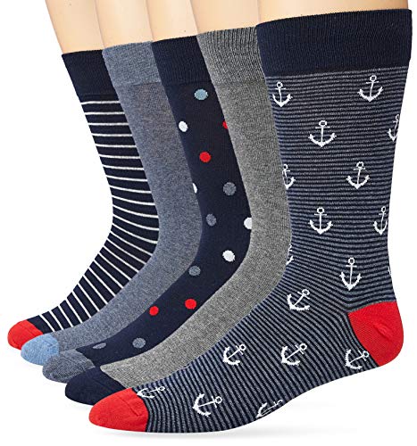 Amazon Essentials Men's Patterned Cotton Dress Crew Socks, 5 Pairs - color: Blue/Red/Grey, size: 8-12