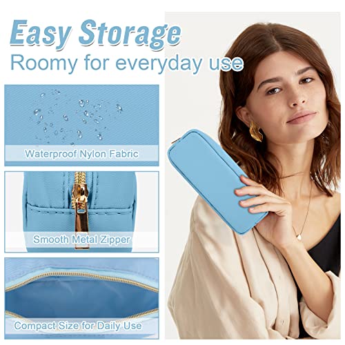 Izuzta Nylon Small Makeup Bag Slim Pouch, Preppy Cute Brush Case, Cosmetic Zipper for Purse, Waterproof Travel Toiletry Clutch Coin Organizer for Women Girls (Blue) - color: Blue, size: Slim
