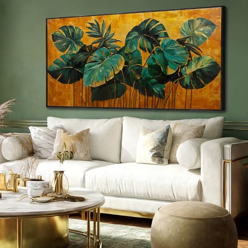 SOUGUAN Canvas Print Wall Art Green Gold Tropical Palm Leaves Nature Wilderness Illustrations Modern Art Rustic Wall Decor Pictures Artwork 24"x48" for Living Room - color: SOUGUAN-LSY60120, size: 48"L x 24"W