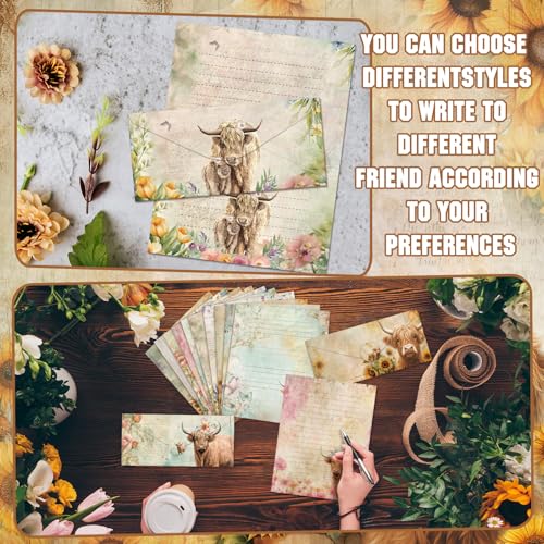 TaoBary 160 Pcs Floral Highland Cow Stationery Paper and Envelopes Set - size: 8.5 x 11 Inch, style: Floral Highland Cow
