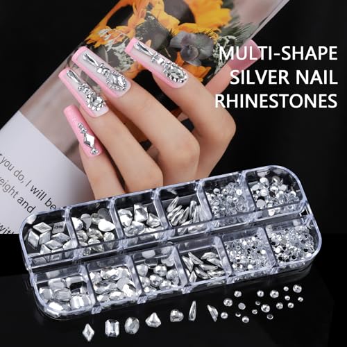 Teentior Nail Charms and Gems Silver Rhinestones for Nails with 15 Sheets Nail Stickers, 6 Boxes Nail Gems Y2K Accessories Pearls for Nails, Cross Nail Charms for Nails Design Caviar Beads for Nails - color: Silver