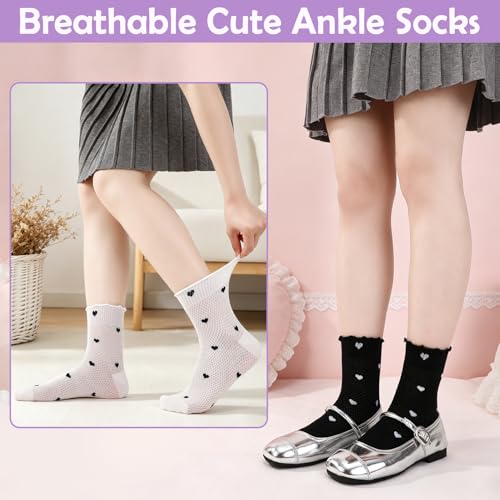 Ruffle Bow Polka Dot Heart Cotton Crew Socks for Womens - color: Black, Pink, Purple,white