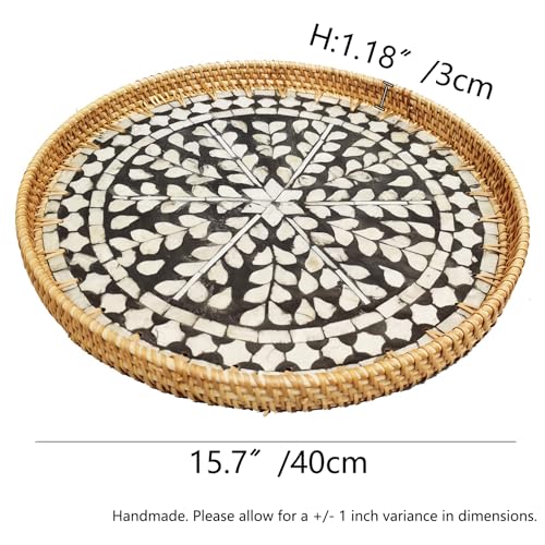 i-lan 16" Rattan & Mother of Pearl Serving Tray with 1.2" Raised Sides - Round Handwoven Black Accent Tray - Sophisticated Organizer for Home Bars, Coffee Tables & Lounge Decor - color: Black