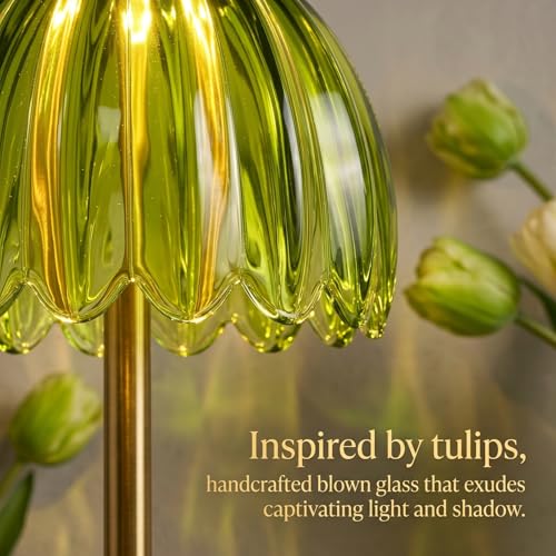 EJQ Glass Tulip Rechargeable Table Lamp, Cordless Flower Table Light -Green - color: Green