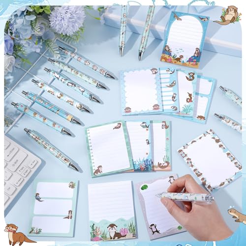Dispowreath 24 Pcs Otter Sticky Notes with Pens Themed Gifts Self Adhesive Notepad Cute Memo Notes Pads Black Ink Ballpoint Pen for Otter Lover Gifts Office School Students Teacher Supplies - style: Otter