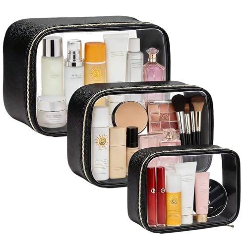 3Pack Clear Makeup Bags Set, Clear Travel Makeup Bag Waterproof Makeup Case Small Toiletry Bag with Zipper Portable Cosmetic Pouch Makeup Storage Bag Car Bag for Essentials - color: Black Set-1