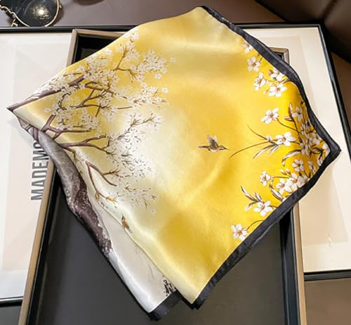JERLA 100% Mulberry Silk Neck Scarf 21"x21" Small Square Scarfs for Women Gift Packed - color: Yellow Tree