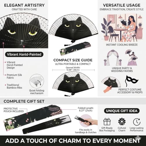 Folding Hand Fan for Women - Foldable Chinese Japanese Vintage Bamboo Silk Fan - with Tassel and Pouch, Perfect for Decoration, Dance, Wedding,Music Festival，Party,Gifting（Black Cat） - color: Black Cat