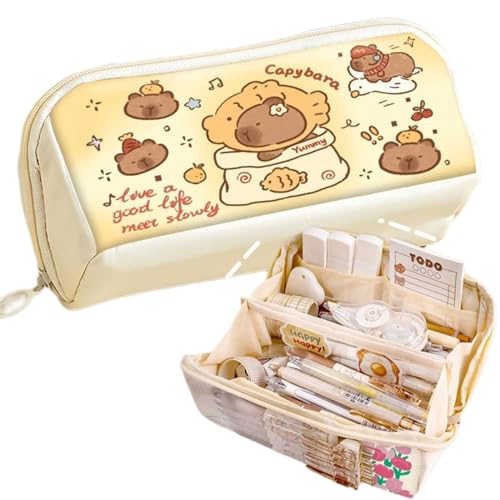 Pencil Pouch Multi-Layer Large Capacity Capybara Print Quirky Fun Cute (Beige-1), TM240315-1(2)-test-1 - color: A