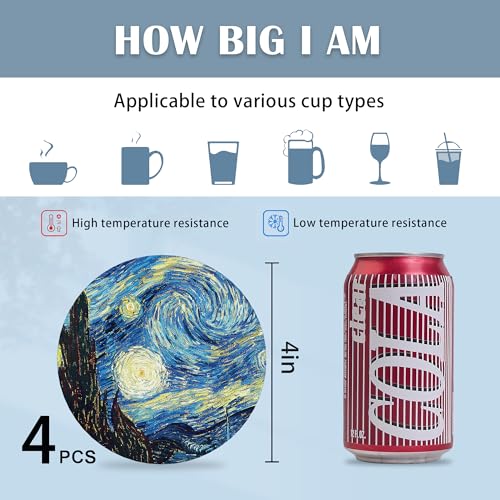 Drink Coasters Set of 4,The Starry Night Coasters for Drinks Ceramic Coaster with Cork Bottom for Kinds of Mugs and Cups,Home Decor,4'' - color: The Starry Night