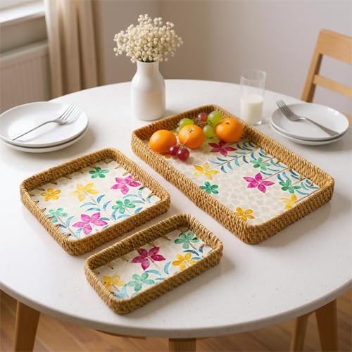 Rectangular Rattan Serving Tray with Mother of Pearl Inlay, Handwoven Wicker Decorative Tray for Fruit Breakfast Coffee Party Picnic Cafe Kitchen Home Decor 3 Sizes (Colorful Sunflower) - color: Colorful Sunflower