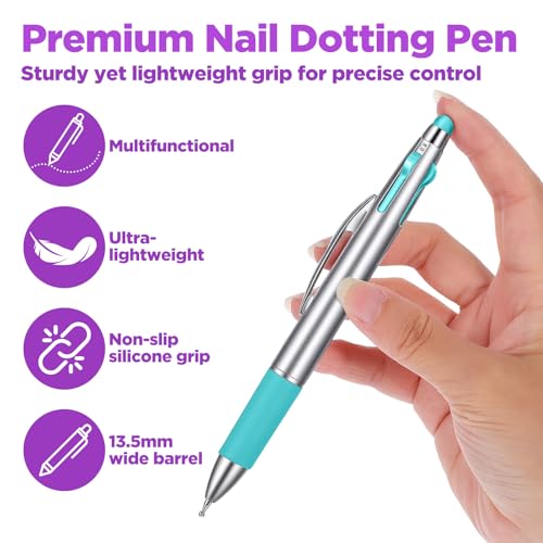 2PCS Nail Dotting Pen, 5-in-1 Nail Dotting Tool Ballpoint Pen Design Double End Nails Art Pens Dottings Tools Manicure Art Tools for Nails DIY Salon(Green)