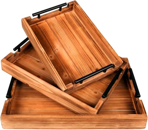 3Pcs Nested Vintage Wood Serving Tray Set, Coffee Table Ottoman Decor Trays - color: Brown, size: 3Pc