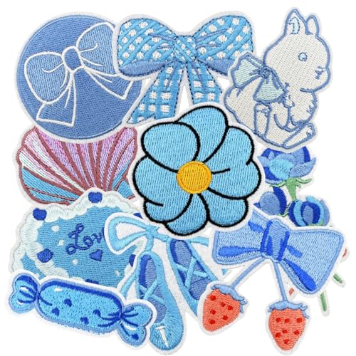 10 Pcs Blue Girly Iron On Patches, Kawaii Light Blue Random Embroidered Applique Patches, Clothes Backpacks Hats Pants Jackets Jeans Decoration for Girl, DIY Accessories - color: 10 Blue Girly