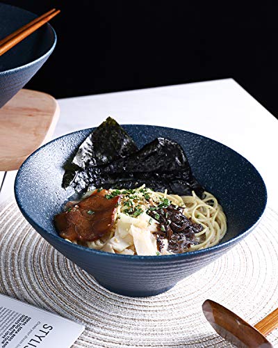 Kanwone Ceramic Japanese Ramen Bowl Set, Noodle Soup Bowls - 60 Ounce, with Matching Spoons and Chopsticks for Udon Soba Pho Asian Noodles, Set of 2, Navy - color: Navy, size: 9 Inch