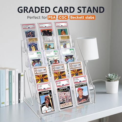 tutata Trading Card Display Stand, PSA Card Display Acrylic Shelf, Vertical Holder for Baseball Cards, Easy Clip-On Design 5-Tier