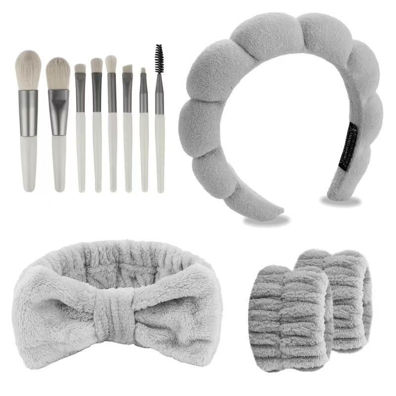 CAZYTOYZ Sponge Spa Headbands for Women Wristband Set Puffy Makeup Brush Headband Set for Washing Face Soft Towel Skin Care Head Band Cute Hair Band Shower - color: Grey