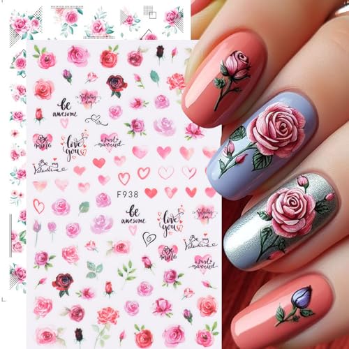 Rose Flower Nail Stickers Decals 12 PCS Romantic Red Pink Rose Nail Art Stickers 3D Self-Adhesive Floral Blossom DIY Designs for Valentine's Day Manicure Decoration Nails Supplies Accessories - style: Rose Flower Style
