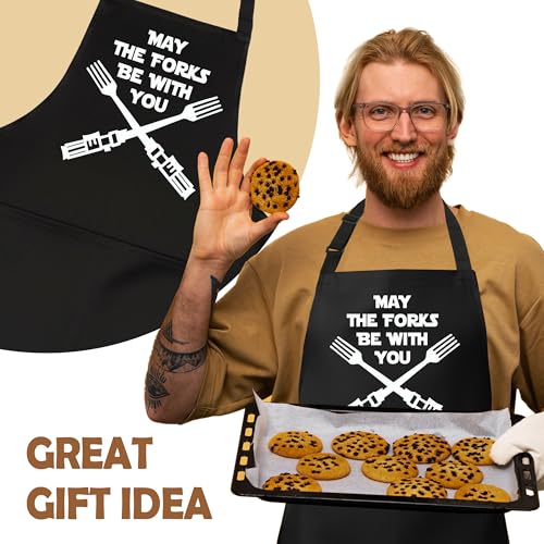 May the Forks Be With You Funny Aprons for Men with 2 Pockets, Cooking Apron for Dad, Gag Gifts for Men, Adjustable BBQ Apron for Husband, Chef Kitchen Gifts for Birthday & Father’s Day - A11 - color: May the Forks Be With You