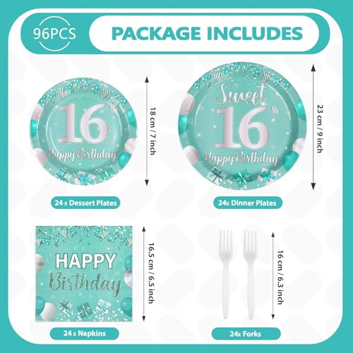 96Pcs Teal Sweet 16th Birthday Party Decorations, Serves 24 - style: Peacock Blue 16th Birthday