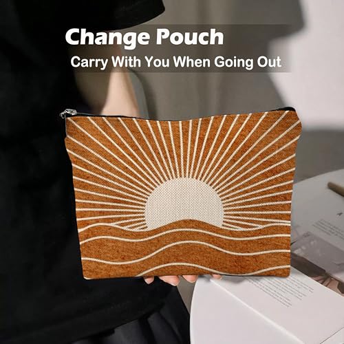 Abstract Boho Sun Sunlight Makeup Bag, Retro Mid Century Modern Burn Orange Boho Sunset Sunrise Cosmetic Bags Toiletry Bag Makeup Pouch - color: Boho - Sun