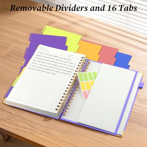Hardcover Spiral Notebook Journal with Removable Dividers Tabs, 5 Subject Notebooks for Work School, 300 pages 8"x10" B5 leather Journal College Ruled, Cute Journal for women, Purple - color: Purple