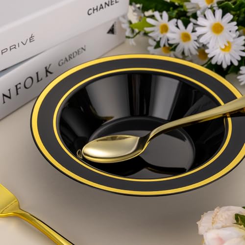 realluck 100 Pack Black Disposable Soup Bowls with Gold Rim - color: Black, size: 100Pack