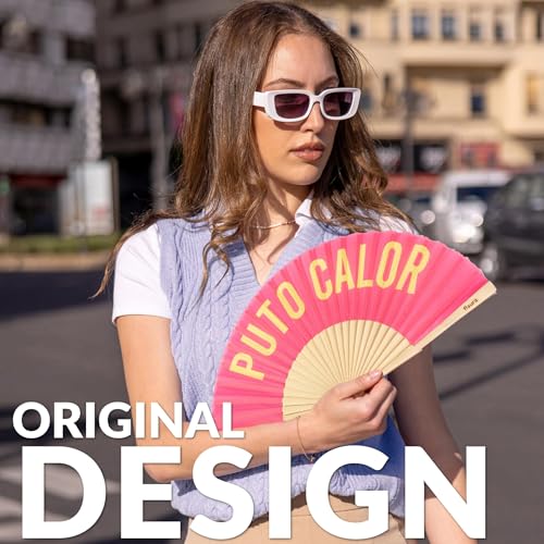 Fisura – Original Folding Fan with Message “P*to calor”. Pink Wooden Handheld Fan for Women. Lightweight Accessory for Raves, Weddings, Birthdays, Festivals, Parties and Fun Gift Ideas. - color: Calor, Pink