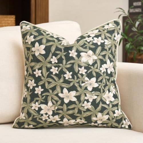 Aeckself Neutral Floral Pillow Cover 20 x 20 Inch, Vintage Chenille Square Throw Pillow Cover Soft Home Decorative Farmhouse Accent Couch Pillow Cover for Living Room Bedroom, Green - color: Green, size: 20" x 20" (Pack of 1)