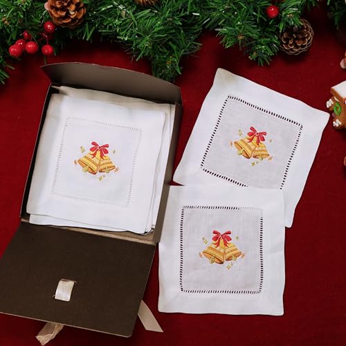 100% Linen Cocktail Napkins Set of 6 | Embroidered Christmas Bells 6"x6" Fabric Coaster for Kitchen Coffee Bar Xmas Party Events Reusable Ladder Hemstitch Jingle Bells Cloth Napkins Square - color: Jingle Bells