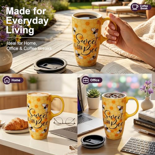 Topadorn 17oz Ceramic Travel Mug with Lid & Gift Box, Honey Bee Coffee Mug - color: Bee & Text