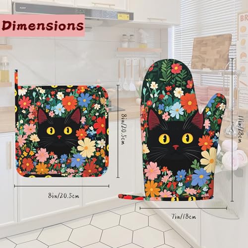 Funny Black Cat Heat-Resistant Silicone Oven Mitts and Pot Holders 4 Piece Set,Flower Field Extra Long Non-Slip Kitchen Oven Gloves for Cooking, Baking, BBQ,Grilling - color: Funny Black Cat Flower Field
