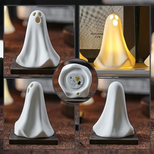 AOMOONOA Ceramic Ghost Decor, 3Pcs Light Up Ghosts for Halloween Decor - color: Haunted White