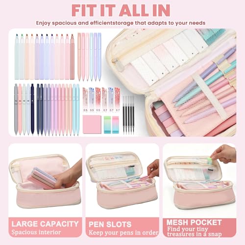 50 PCS Aesthetic School Supplies with Cute Pen Case,12 Pastel Highlighters,5 Black Ink Gel Pens, 12 Mechanical Pencils Set 0.5 & 0.7 mm 6 Color Gel Pens for Students Stationary College Essentials Pink - color: Pink