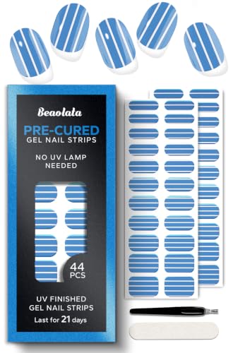 Real Gel Nail Strips (No UV Light Needed) - 44Pcs Salon Quality Nail Stickers - Long Lasting Polish Wraps for Women, Easy Apply & Remove (Coastal Blue Stripe) - color: Coastal Blue Stripe