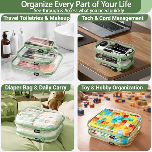 YQBRAO Clear Hard Shell Zipper Cases, 6 Multi-Size Organizers, Green - color: Green, size: 6 Pack (2L+2M+2S)