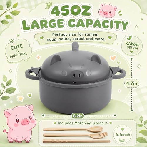 2 Sets 45oz Cute Pig Ramen Bowl Set Microwavable Cook, Black, Gray - color: Black,Gray