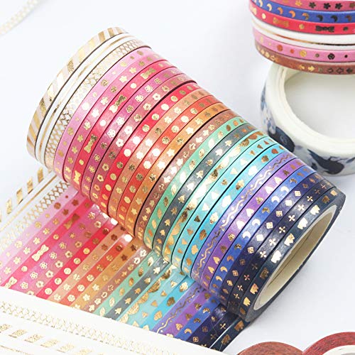 YUBBAEX 24 Rolls Skinny Washi Tape Set Gold Foil Print Decorative Tapes for Arts, DIY Crafts, Journals, Planners, Scrapbooking, Wrapping (Slim 3mm) - style: Slim 3mm