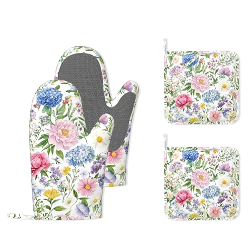 Watercolor Floral Oven Mitts and Pot Holders (4PCS),Wildflowers Heat Resistant Non-Slip Silicone Kitchen Gloves for Cooking, Baking, BBQ Waterproof Kitchen Accessories - color: Watercolor Floral Wildflowers
