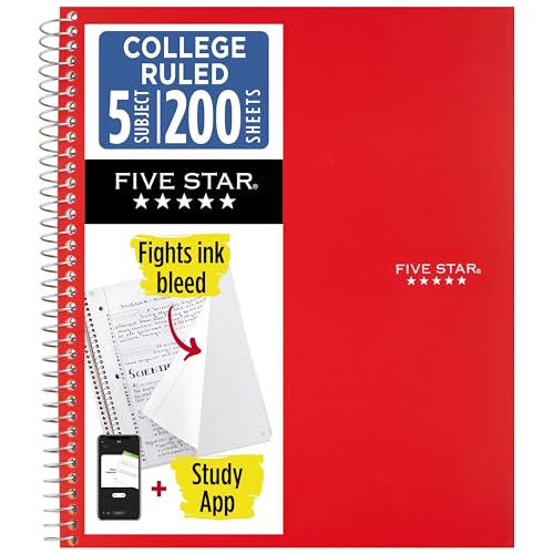 Five Star Spiral Notebook + Study App, 5 Subject, College Ruled Paper, 8-1/2" x 11", 200 Sheets, Fights Ink Bleed, Water Resistant Cover, Fire Red (72077) - color: Red, size: 1 Count (Pack of 1)